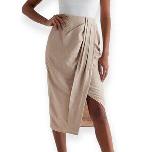 Express Size 10 Super High Waisted Linen Blend Shimmer Draped Midi Skirt Beige